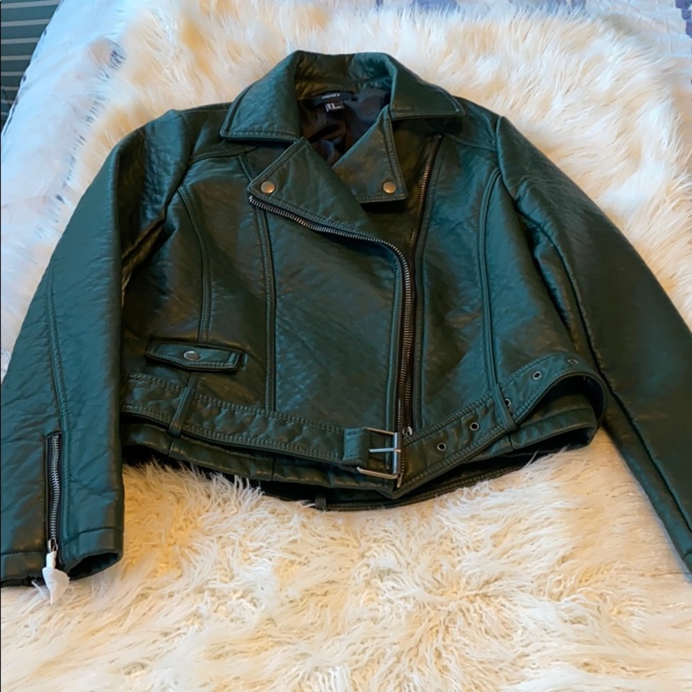 Green Faux Leather Jacket w/ zipper & belt detail